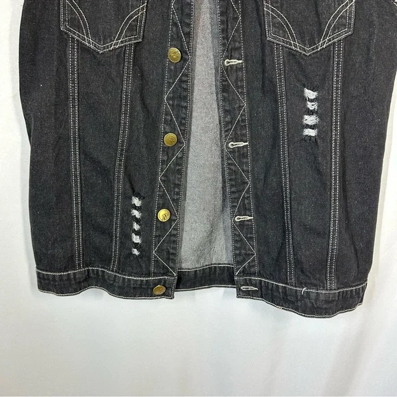 Men’s Denim Ripped Vest Trucker Biker Sleeveless Black Button Down Size Medium - Picture 4 of 10